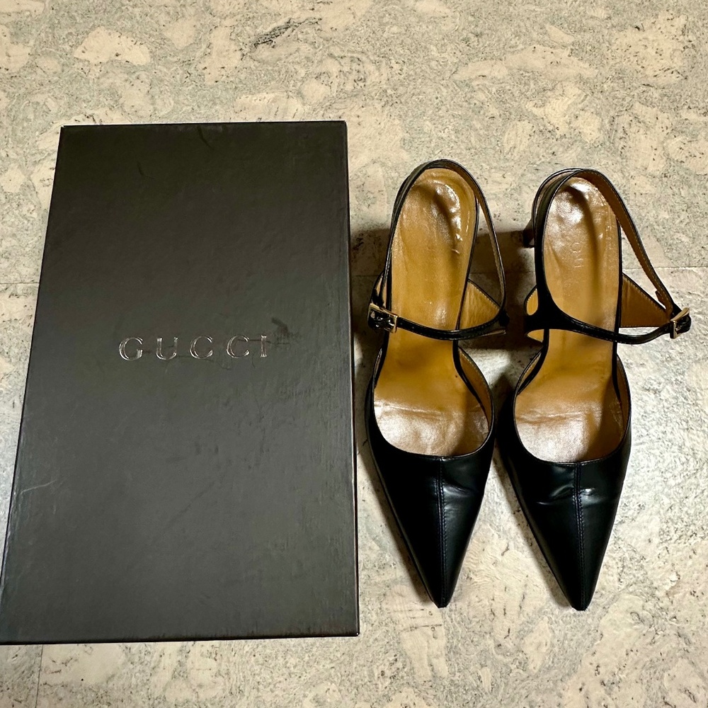 Gucci Scarpa Aperta Pelle Ankle Strap Pumps Size 8 Vintage 3.5" Heel Height